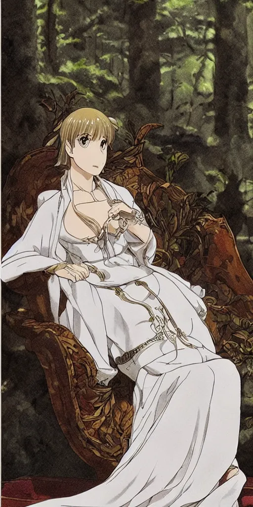 Image similar to an empress sitting by herself on a sofa in a forest wearing a white robe drawn by cloverworks studio, elegant, beauty, tarot card