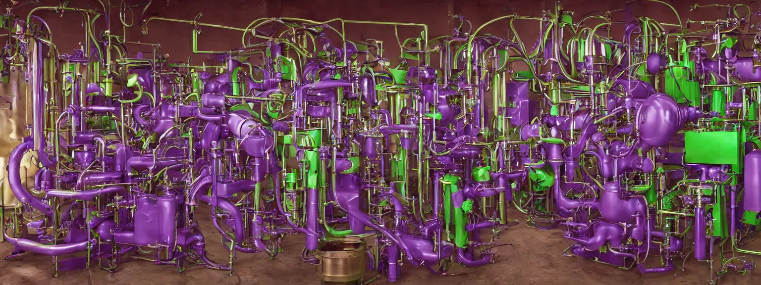 Prompt: machine apparatus for making snake oil, huge copper machine fed by a hopper of snakes, purple and green pipework, art by ed roth and kenny scharf, barrels of snake oil in a hermetically sealed production line, golden hour lighting, film still from the uncle aloysius family medicine depot movie 3 d, 8 k