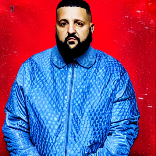 Image similar to ultra detailed portrait photo of dj khaled in a studio, blue, under red and yellow cinematic lighting, by van gogh