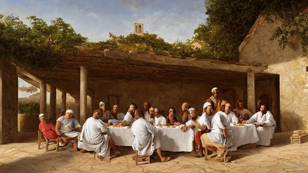 Image similar to tennis players seating in the scene of the last supper, under the porch of a typical portuguese house, with typical alentejo landscape in the back, sunny morning, matte painting, oil canvas, photorealistic illustration, extreme detail, hyper realistic, highly detailed, digital art