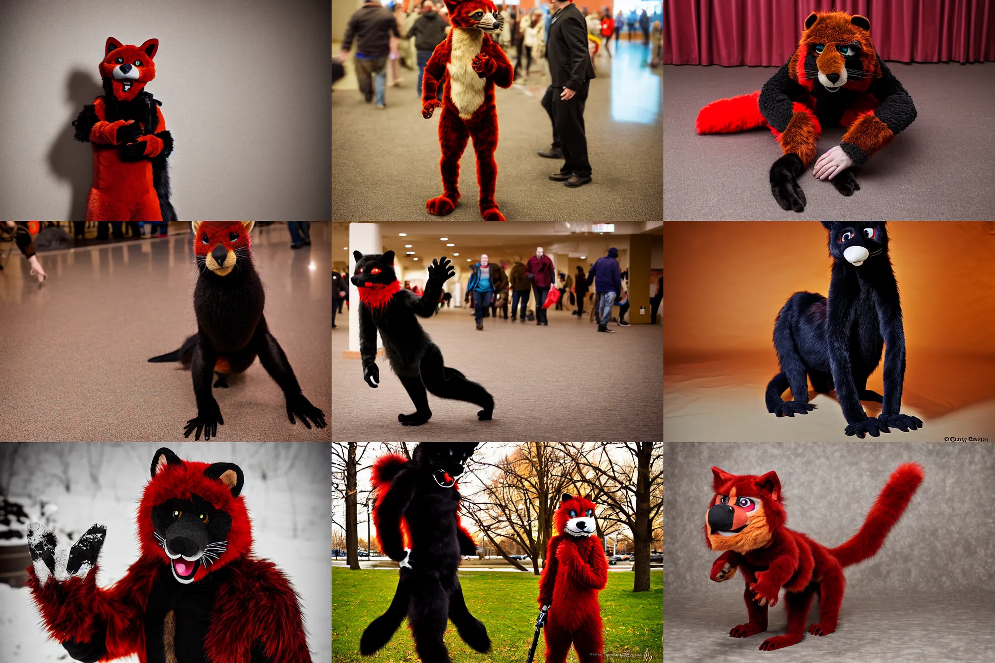 Prompt: fullbody photoshoot photo portrait of a roguish male red - black furred bipedal weasel furry fursona / fursuiter, photorealistic, taken at midwest furfest