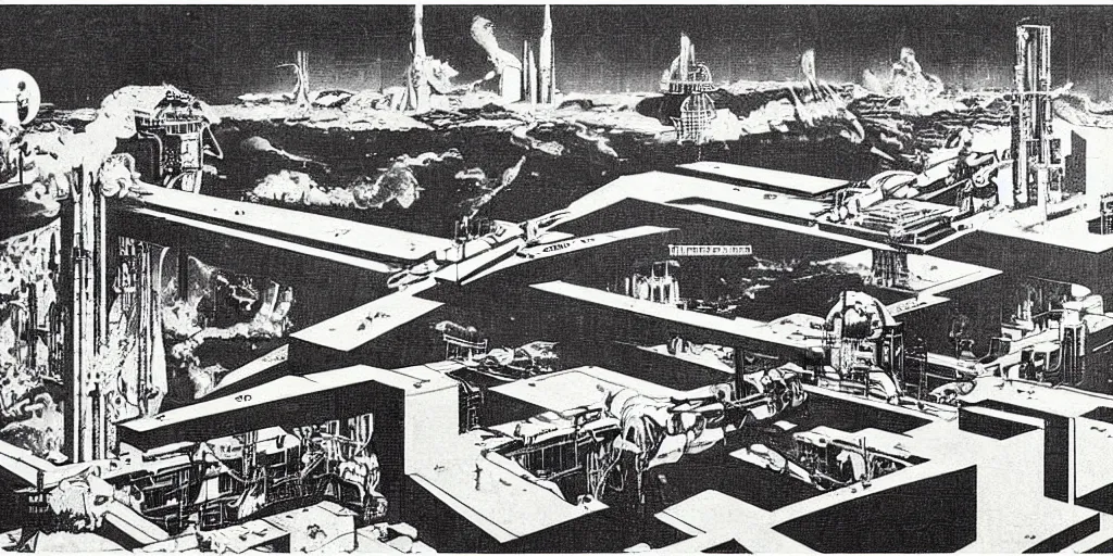 Image similar to huge brutalistic soviet space station by le corbusier, by joe penton, virgil finlay