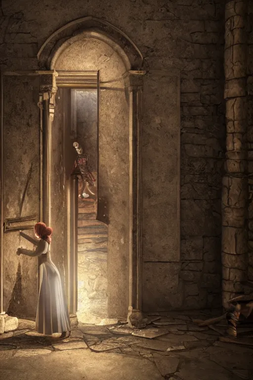 Prompt: highly detailed digital illustration of a young woman opening a secret door behind a bookcase in an ancient abandoned castle | fantasy art, cryengine, concept art, photorealism, daz 3 d, sketchfab, zbrush, vray, rule of thirds, golden ratio