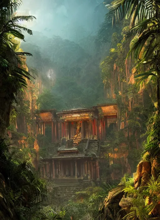 Image similar to ancient temple of doom in the exotic jungle , Dynamic lighting, cinematic, establishing shot, extremely high detail, photo realistic, cinematic lighting, , post processed denoised, concept design, concept art, artstation, matte painting, midjourney, style by alex ross, raphael lacoste, eddie mendoza