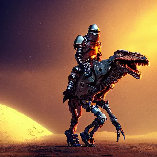 Prompt: a cyber knight riding a cyborg raptor, 8k, film grain, cinematic, futuristic, sci fi, retro