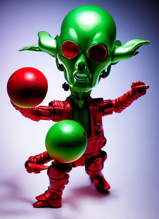 Image similar to hyperrealistic rendering, shiny mars attacks martian by and richard corben and jeff easley, product photography, action figure, sofubi, studio lighting, colored gels, rimlight, backlight