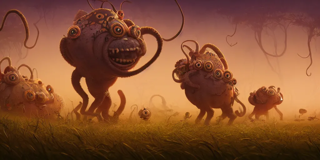 Prompt: of an intricate hazy savanna with strange weird cute creatures with long tongues, big eyes and huge noses appearing from the ground, in the style of yang na, low angle, macro lens, shallow depth of field, highly detailed, digital painting, trending artstation, concept art, illustration, cinematic lighting, vibrant colors, photorealism, epic, octane render