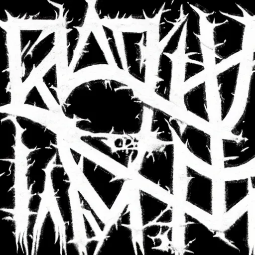 Prompt: black metal band logo, metal font, unreadable, complex, complicated, intertwined, branching, black and white, grindcore