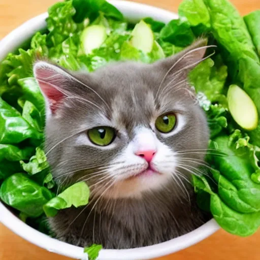 Prompt: a cute cat made of salad