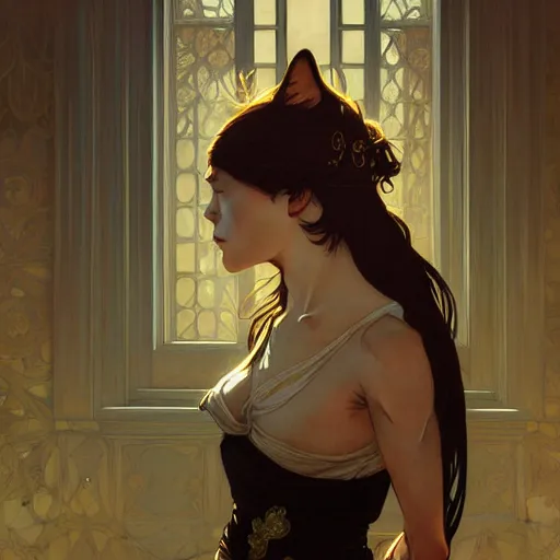 Image similar to Portrait of cat in empty room, dark fantasy, intricate, elegant, highly detailed, digital painting, artstation, concept art, smooth, sharp focus, illustration, art by artgerm and greg rutkowski and alphonse mucha