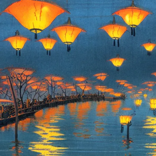 Image similar to concept art, river lanterns on the eve of ullambana festival, high resolution, by james gurney, katsushika hokusai, fujishima takeji, hiroshi yoshida, artstation