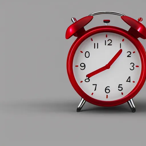 Image similar to Very tiny red alarm clock that looks like the iOS emoji and has the same colors, 3D clay render, 4k UHD, white background, isometric top down left view, diffuse lighting, zoomed out very far