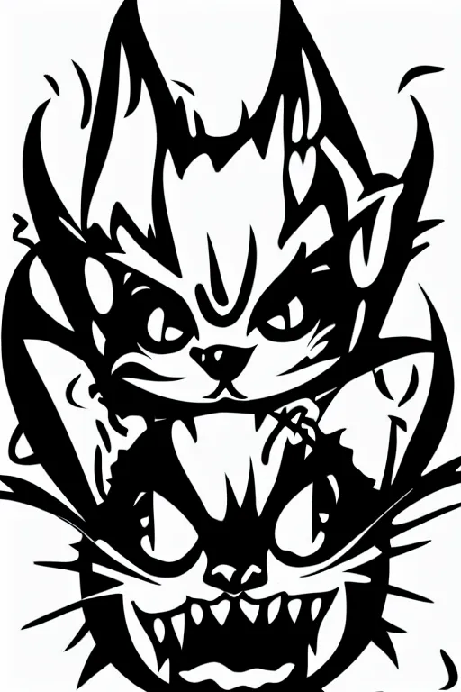 Prompt: Evil kitten, the devil, sticker, blood thirsty, spawn of Satan, burning in hell, blood, evil, colorful, illustration, highly detailed, simple, smooth and clean vector curves, no jagged lines, vector art, smooth