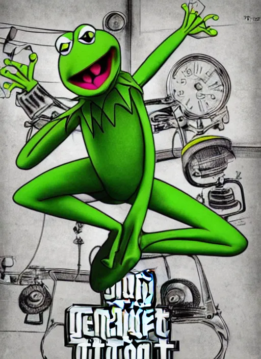 Prompt: kermit the frog, cover art for gta v, by stephen bliss