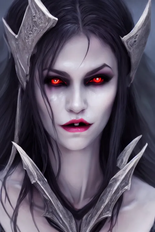 Image similar to dark elf vampire princess with fangs, highly detailed, d & d, fantasy, highly detailed, digital painting, trending on artstation, concept art, sharp focus, illustration, global illumination, ray tracing, realistic shaded, art by artgerm and greg rutkowski and fuji choko and viktoria gavrilenko and hoang lap