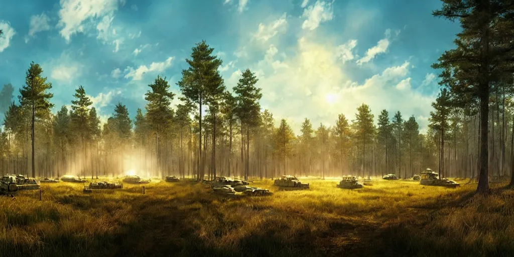 Image similar to army camp in a field near a pine forest, blue sky, sunny, detailed, volumetric, cinematic lighting, realistic, digital art by greg rukowski