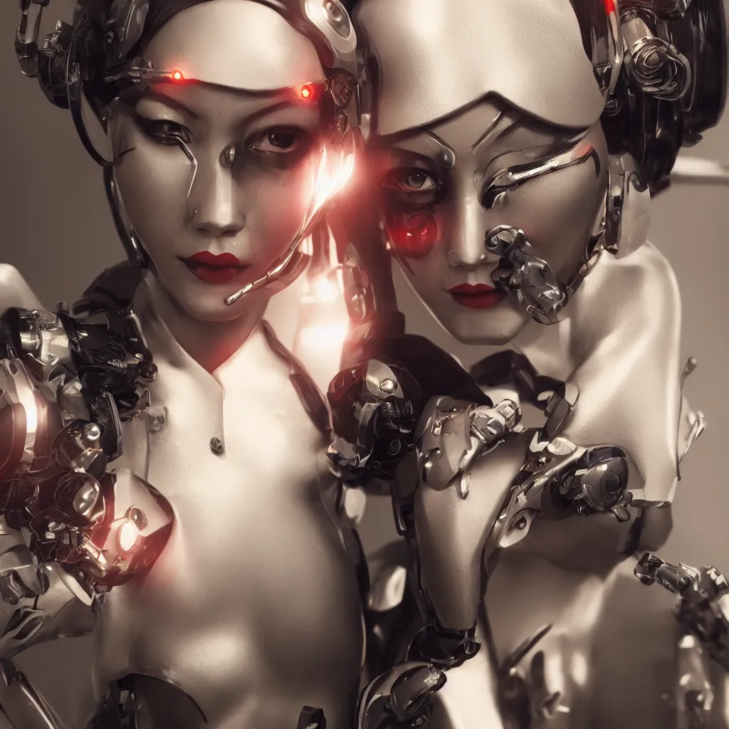 Prompt: Cyborg Geisha, 4K portrait, dynamic cinematic lighting, rendered by octane engine, Rendered in Octane, trending on artstation, cgsociety, 4k post-processing highly detailed