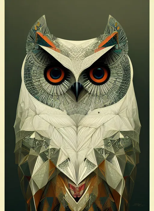 Image similar to portrait of a geometric owl, identical eyes, medium shot, illustration, full body made of white feathers, symmetrical, art stand, super detailed, cinematic lighting, and its detailed and intricate, gorgeous, by peter mohrbacher