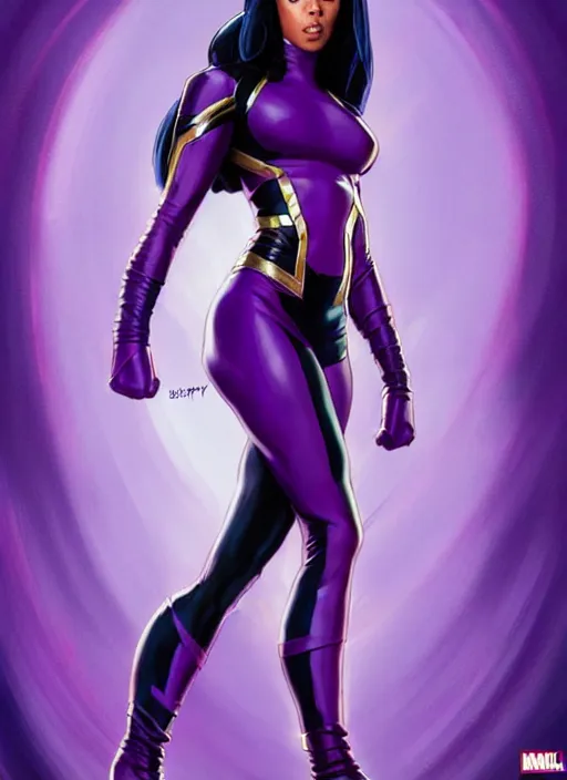 Prompt: full body portrait of marvel cinematic universe aaliyah haughton, x - men, psylocke, x - men apocalypse, elegant, super hero, purple outfit, highly detailed!! digital painting, artstation, glamor pose, concept art, sharp focus, illustration, art by artgerm and greg rutkowski, artey freytag