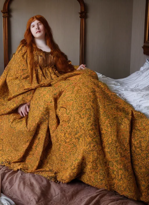Image similar to preraphaelite photography reclining on bed, big brown fringe, yellow ochre ornate medieval dress, william morris, 4 k