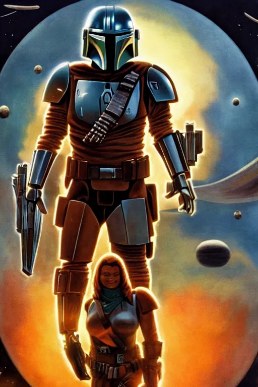 Prompt: cinematic mandalorian by frazetta on a background with destroyed planets , fire and atomic bomb explosion, backlight