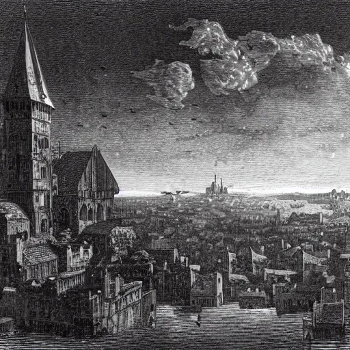 Image similar to medieval town floating in the sky, gustave dore engraving