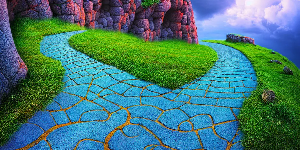 Prompt: curled perspective digital art of curly clouds cobblestone street with wildflowers reaching a stone cliff down to a deep blue sea by anton fadeev