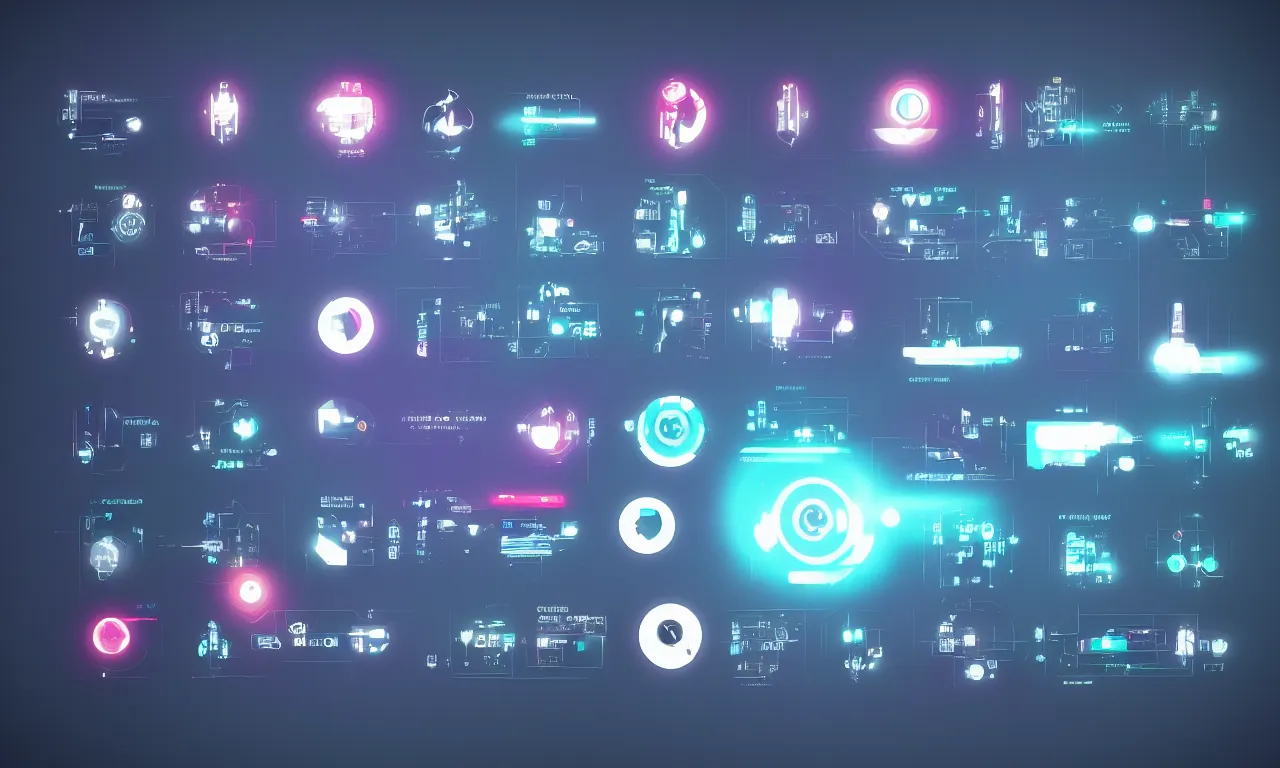 Image similar to futuristic application icons, GUI, software ICONS, operating system icons, design, modern, cinematic lighting, cinematic composition, in blade runner style