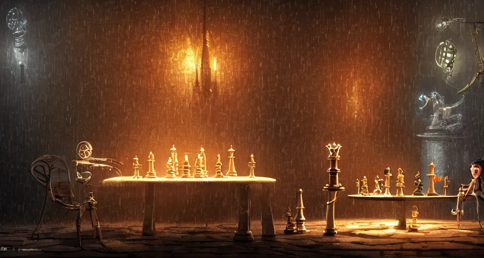 Image similar to a beautiful tapestry, a small robot playing 3 d multi layer chess, ultra detailed, atmospheric lighting, rain, steampunk, moody, candles, characters from machinarium, by don bluth, trending on artstation, octane render, 8 k, ultra realistic