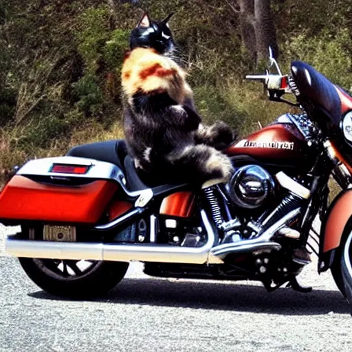 Image similar to cats on Harley Davidsons on the highway, cinematic masterpiece, beautiful lighting