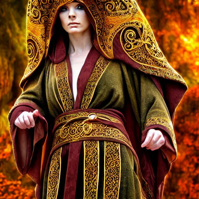 Image similar to beautiful druid ornate robes, highly detailed, 4 k, hdr, smooth, sharp focus, high resolution, award - winning photo, anne stokes, photorealistic, hyper realistic