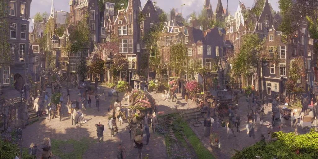 Image similar to a lively magical town inspired by victorian england and amsterdam, sunny weather, highly detailed, intricate, digital painting, trending on artstation, concept art, matte painting, art by greg rutkwowski, craig mullins, octane render, 8 k, unreal engine