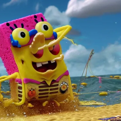 Prompt: SpongeBob comes flying out of the ocean as a result of the demolition derby, once again briefly seen in his live-action sponge form, Realistic, HDR, HDD, Unreal Engine 5, Real Event