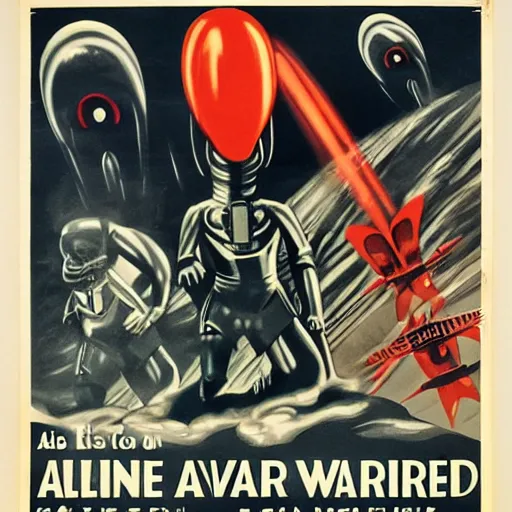 Image similar to a 1930s propaganda poster of an alien war