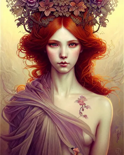 Prompt: Beautiful and playful ethereal ginger portrait, art nouveau, fantasy, intricate flower designs, elegant, highly detailed, sharp focus, art by Artgerm and Greg Rutkowski and WLOP