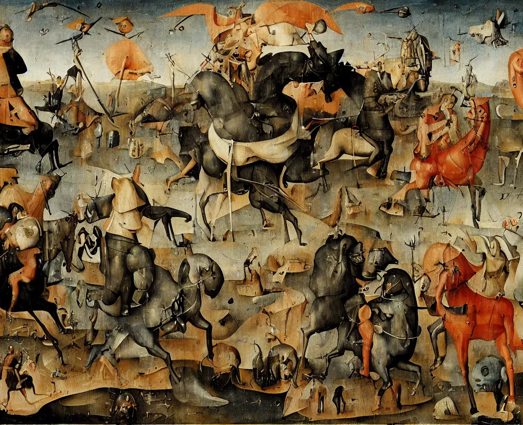 Image similar to the four horsemen of the apocalypse in a modern industrial park as by hieronymus bosch