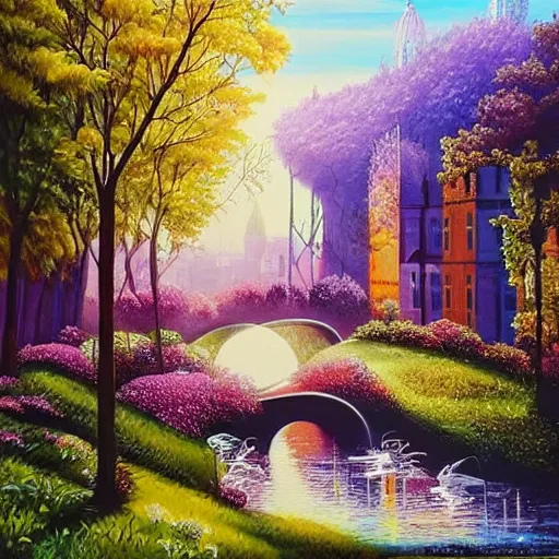 Image similar to Beautiful city of the future in harmony with nature. Nice colour scheme. Beautiful detailed painting by Lurid. (2022)