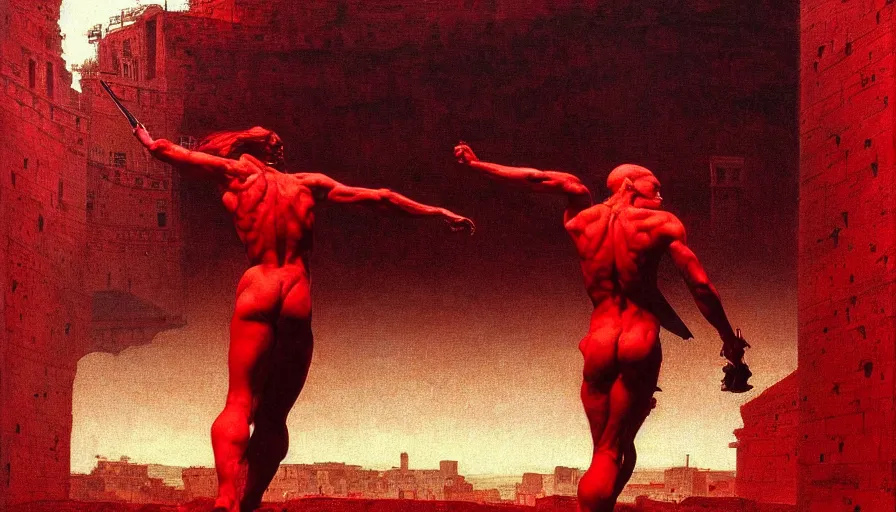 Image similar to only with red, a lightly armored gladiator in a crowded roman amphitheatre, crowd cheering, in the style of beksinski and edward hopper and rodcenko and yue minjun and rolf armstrong, intricate and epic composition, red by caravaggio, highly detailed, masterpiece, red light, artstation