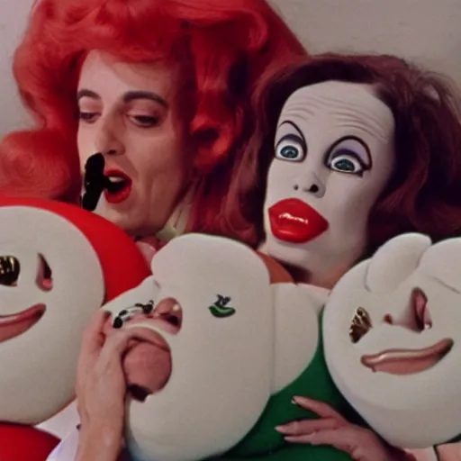 Image similar to !dream a woman wearing an inflatable mouth and holding a a hand puppet, technicolor, john waters, almodovar, expired color film, 1975