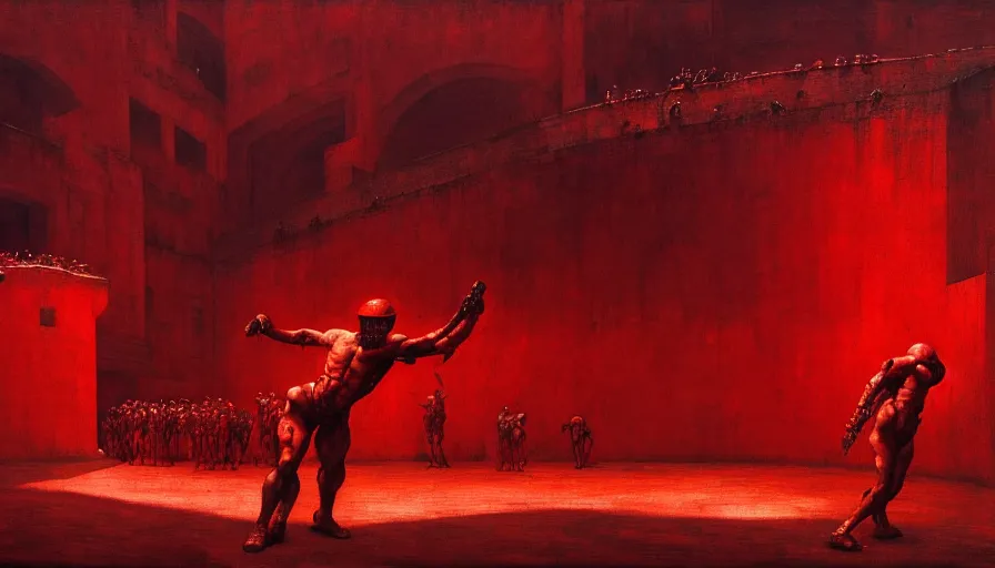 Image similar to only with red, a lightly armored gladiator in a crowded roman amphitheatre, crowd cheering, in the style of beksinski and edward hopper and rodcenko and yue minjun and artgerm, intricate and epic composition, red by caravaggio, highly detailed, masterpiece, red light, artstation, art nouveau