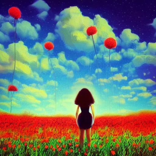 Image similar to large red flowers afro, full body, girl standing in the middle of a field with flowers, surreal photography, hills, sunrise dramatic light, impressionist painting, colorful clouds, digital painting, pointillism, artstation, simon stalenhag