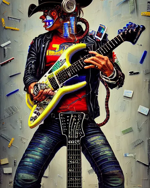 Prompt: a portrait of an anthropomorphic cyberpunk cowboy shredding an electric guitar by sandra chevrier, by jon foster, detailed render, tape deck, epic composition, cybernetics, 4 k realistic, cryengine, realistic shaded lighting, sharp focus, masterpiece, by enki bilal