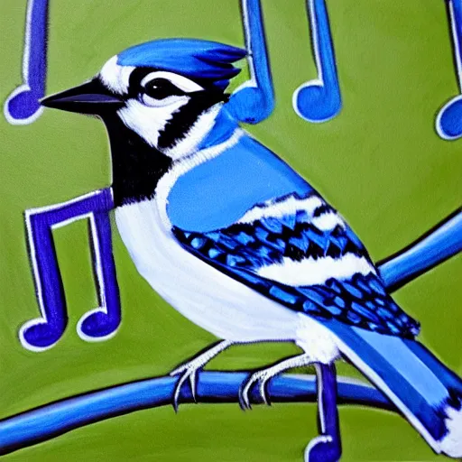 Prompt: painting of a bluejay surrounded by music notes