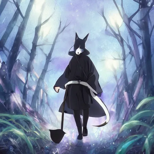 Prompt: an anime about a ninja character with a fox plague doctor face mask, 9 massive fox tails trailing behind magical grim reaper robes, walking through calm forest under starry skies, halloween decorations, fireflies, wonder, anime, furry, peaceful, street view, vhs, art by yuji ikehata and hayou miyazaki, trending on art station