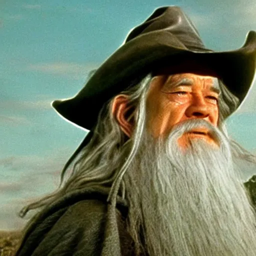 Image similar to Gandalf wearing a cowboy hat. Movie still from lord of the rings the fellowship of the ring