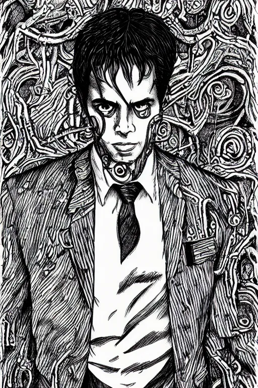 Image similar to Jeffrey Epstein full body portrait, body horror, black and white Illustration by Junji Ito