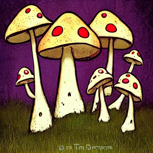 Prompt: a grinning mushroom family by tim doyle and anna dittmann, macabre | dark art