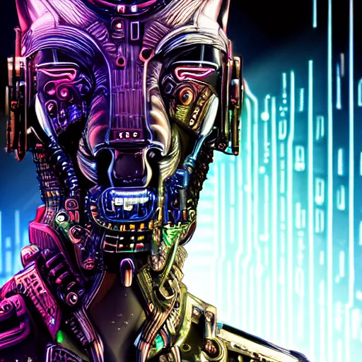 Image similar to face of cybernetic anubis, futuristic, cyberpunk, symmetric, digital illustration, photo - realistic, macro, extremely detailed, vivid, neon, dramatic lighting, intricate details