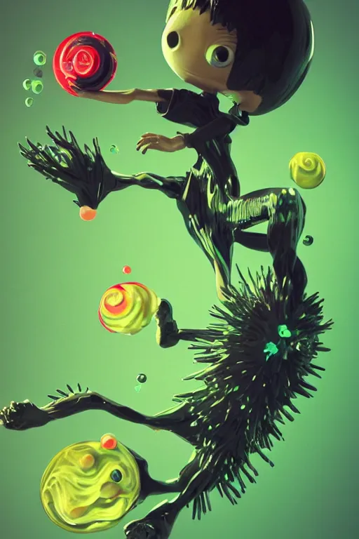 Prompt: epic 3 d abstract emo, spinning hands and feet, 1 6 mm, with black and neon green peanut butter melting smoothly into asymmetrical spiky bubbles, liquid, delicate, beautiful, intricate, houdini sidefx, trending on artstation, by greg rutkowski and ilya kuvshinov, jamie hewlett and ayami kojima