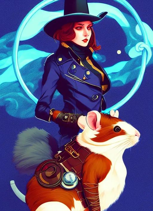 Prompt: style artgerm, joshua middleton, illustration, anthropomorphic hamster as cowboy steampunk aristocrat, blue fur, swirling water cosmos, fantasy, dnd, cinematic lighting, collectible card art